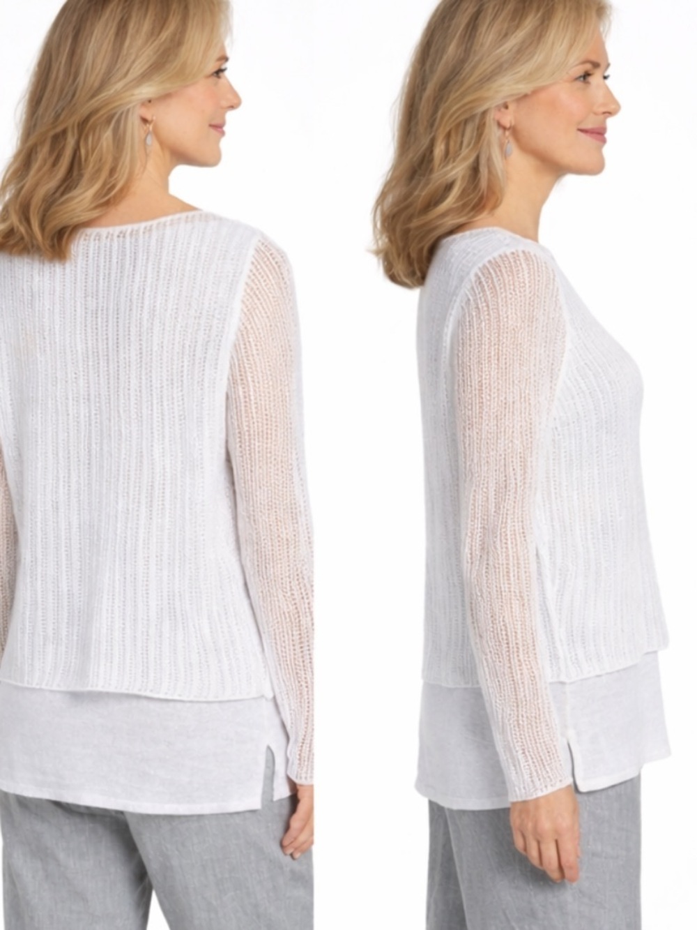 Eileen Fisher Linen Knit Mesh Overlay Tiered Layered Sweater Top White Size XXS - Picture 3 of 12
